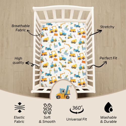 4 Pack Baby Boy Pack N Play Mini Crib Sheets Soft Fitted Baby Boy Mattress Covers Construction Truck Theme Breathable Toddler Sheets for Infant (Construction Truck, Pack N Play Mini Crib Sheets)