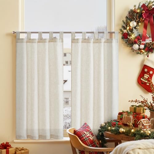 TOPICK Rideaux Cuisine Brise Bise Court Petit Rideau, mélange de Lin, a Pattes Lot de 2 Beige 65x90cm(LxH),pour Salon Placard Chambre sous Evier Salle,...