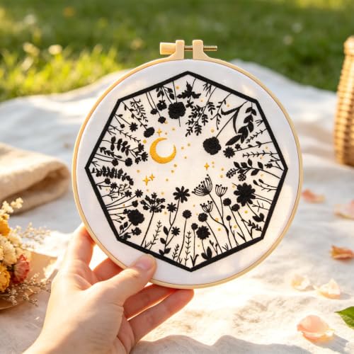 Image of Mystical Embroidery Kits for Beginners Adults, Moon Wild Flowers Embroidery Starter Kit, Floral Stamped Cross Stitch Kits Needlepoint Kits for Beginners Adults, Embroidery Hoop, Thread, Video Tutorial