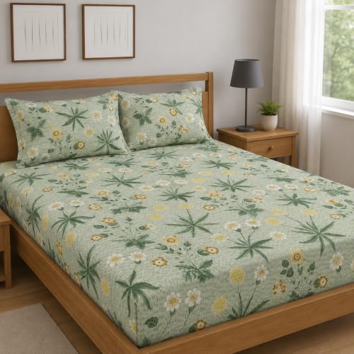 Image of Premium Cotton Fitted Bedsheet King Size 78 x 72 x 8 Inches with 2 Pillow Covers | 220 TC | All-Around Elastic Deep Pocket Bed Cover | Sage Green Yellow Floral