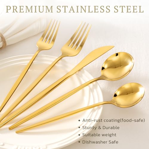 Astercook Silverware Set 48-Piece Gold Flatware Set with Steak Knives Food-Grade Stainless Steel Cutlery Set for 8 Mirror Polished Utensils Set for Home Kitchen Restaurant by Astercook - Image 4