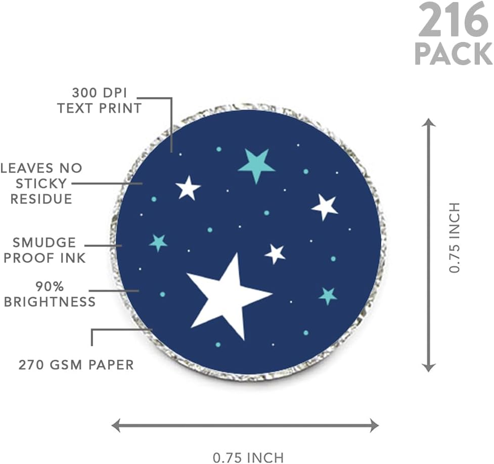 Andaz Press Birthday Chocolate Drop Labels Trio, Fits Kisses Party Favors, Space Rocket Ship and Galaxy, 216-Pack, Stars Moon Out of This World Birthday