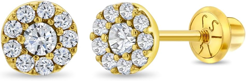 14k Yellow Gold Girls Sparkling Round Cubic Zirconia Burst Screw Back Earrings - Beautiful CZ Earrings For A Little Girl - Delicate Burst of CZ Earrings For A Younger Girl
