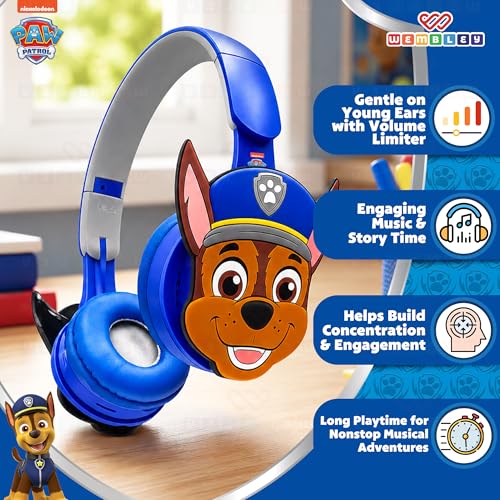 Image of Wembley Paw Patrol Kids Wireless Bluetooth Headphones with Mic | Foldable Over Ear Headphones for Boys & Girls 3-8 Years | 90dB Safe Volume, AUX & USB Charging | Travel, Study & Music