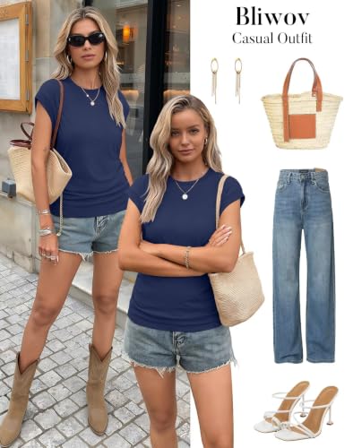 Image of Bliwov Womens Summer Tops Cap Sleeve Crew Neck Casual T Shirts
