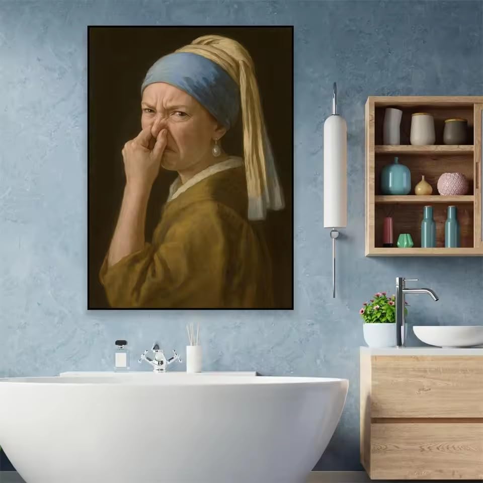 Toile de salle de bain vintage de haute qualité : Fille à la perle parodie humour 20x30