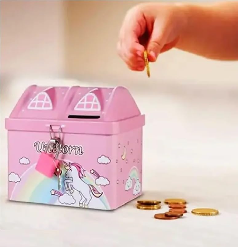 Unicorn Printed Hut Shape Coin Bank Piggy Bank for Kid with Lock & Key Money Saving Storage Bank for Children Coin Collection Box for Girl Small Saving Box for Boys (L, 1, Count)-image-35