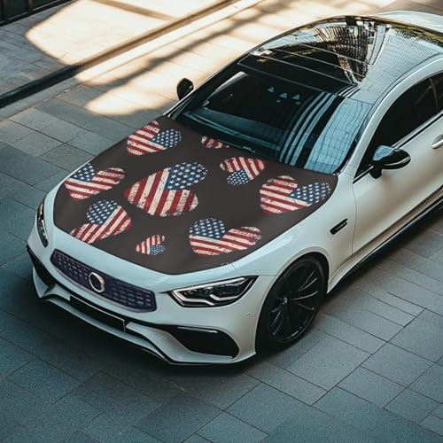 Image of Heart American Flag Car Hood Cover Protector, Retro American Flag Love Heart Removable Automotive Exterior Accessories for Car SUV Sedans Trucks, Easy Installation