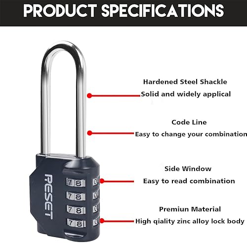 Miniatura 3 de RESET -060 Paquete de 1 candado de combinación de 2.5 pulgadas, 4 dígitos, grillete largo, negro, ideal para gimnasio, escuela, valla, caja de