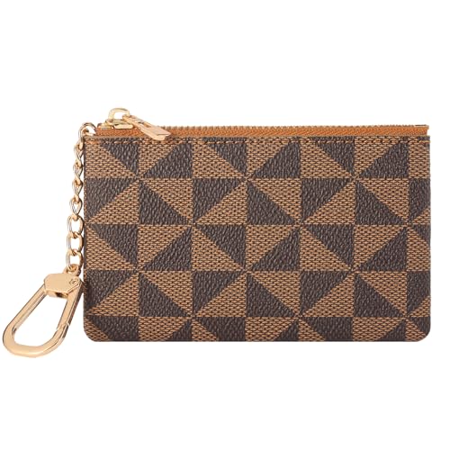 FOUSIVOU Leather Coin Purse for Women with KeyChain Small Zipper Change Purse coin Pouch Card Holder Wallet Clutch for Women & Men, Brown, Small Leather Zipper Coin Purses