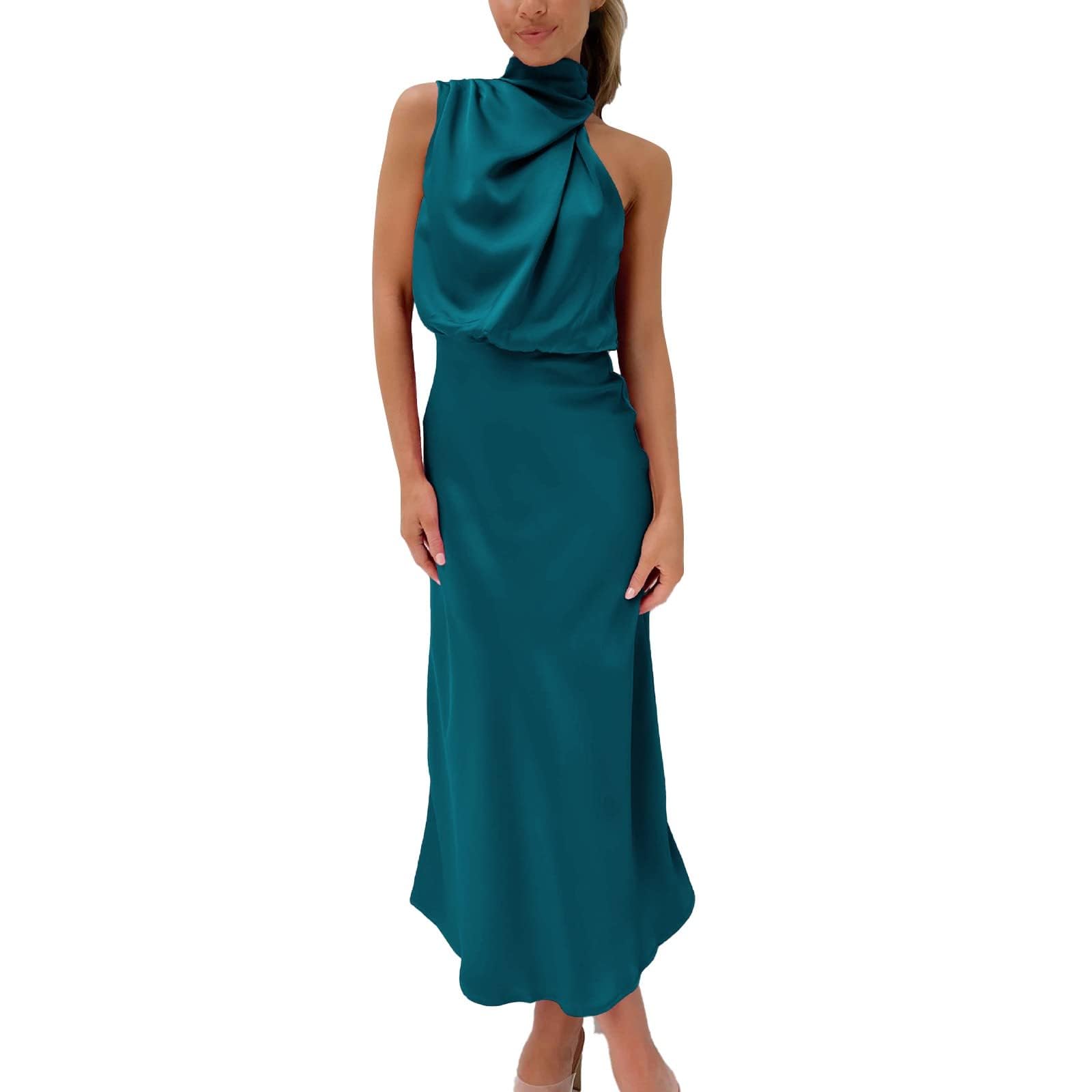 Elegante vestido de noche largo de satén sin mangas con cuello halter para mujer, para verano, boda, cintura alta, elegante vestido