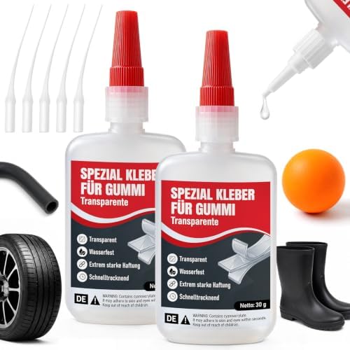 Gummikleber Extra Stark Wasserfest – 2 Flaschen, je 30g | Gummi Kleber mit Sekundenkleber & Anti-Austrocknung, für Motorradgriff,Autoteile, Spielzeugautoreifen, Fahrradreifen, Stie