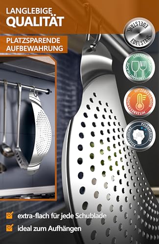 Foto von 4smile Nudelsieb - Nudelsieb Edelstahl als Abgiesshilfe für Töpfe bis Ø 26 cm - Flaches Abtropfsieb platzsparend, funktionale Abgießhilfe für Pasta, Kartoffeln, Gemüse