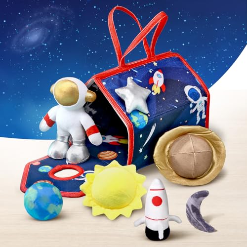 Image of Bonfino Premium My Little House Playset with Bag for Kids,7 Plush Figurines Set,Educational&Montessori Learning Toy for Pretend Play,Birthday Gift for Girls&Boys,BIS Certified (Space)