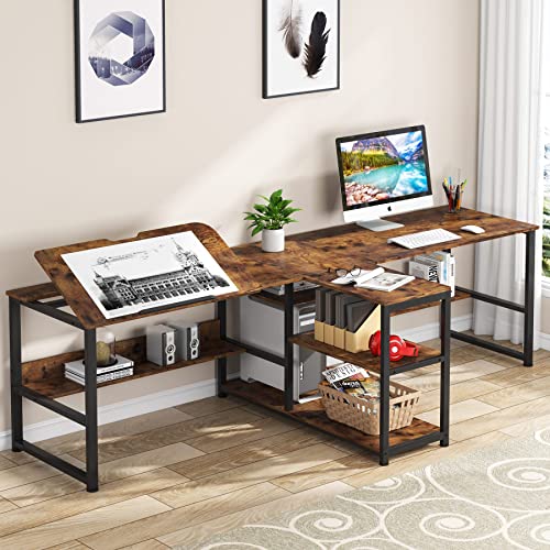 94.5 inch Two Person Computer Desk with Storage Shelves, Double Desk Workstation with Tiltable Tabletop, Extra Long Desk Study Writing Table with Printer Shelf for Home Office (brown) 94.5 inch Two Person Computer Desk with Storage Shelves, Double Desk Workstation with Tiltable Tabletop, Extra Long Desk Study Writing Table with Printer Shelf for Home Office (brown)