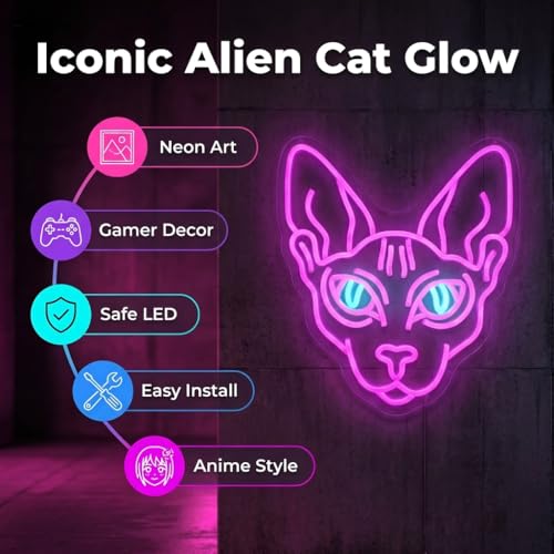 Image of Sphynx Cat Neon Sign - 14.1 inch x 12.6 inch Purple & Pink LED Wall Art, Cyberpunk Hairless Cat Light for Gamer Room, Anime Fan Decor, Manga Style Night Light