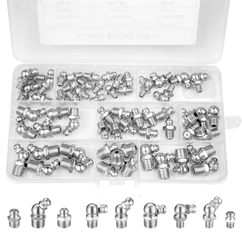 Comzantor 60 Stück schmiernippel sortiment Kit Kegelschmiernippel für Schmierpressen Abschmiernippel Kegelnippel Set M6 M8 M10 Gerader Hydraulik Fettnippel 45 90 180 mit Aufbewahrungsbox