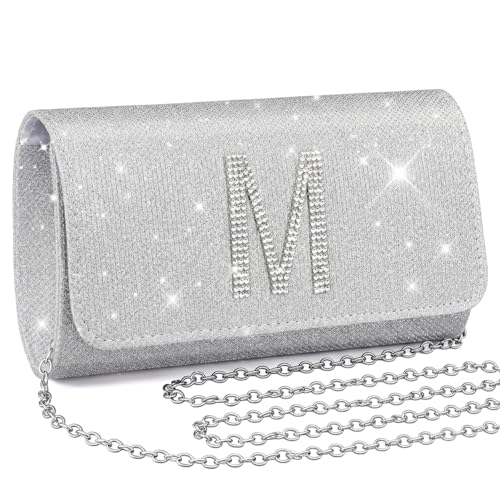 Image of Silver Clutch Purses for Women Personalized | Sparkly Evening Bag Formal Dressy, Crossbody Bag with Metal Chain, Stylish Clutch, Gift for Wedding, Prom, Cocktail Party