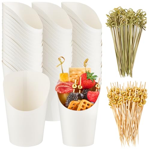 Ocmoiy Charcuterie Cups with Sticks White Disposable 14 oz Kraft Paper Appetizer Cup Individual Party Serving Snack Cup (50 Cups 200 Picks)