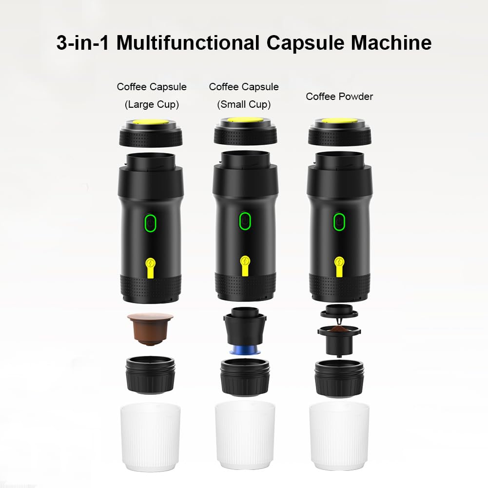 Cafetera portátil expreso, 3 en 1 de viaje recargable de 12 V, compatible con cápsulas, cafetera eléctrica inalámbrica para camping, viajes, RV, senderismo, oficina (Negro)