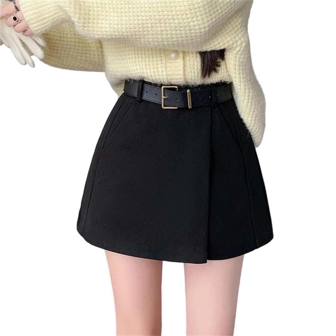 Women Woolen Skirts Pleated A Line Short Belted High Waist Office Wrap Mini Skirts Fall Winter