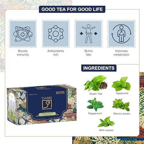 Image of Dabri Moroccan Mint Green Tea 32 Pyramid Dip Tea Bags | Premium Loose Leaves with Natural Taste | Rich in Antioxidants | Supports Weight Management & Helps Maintain Healthy Blood Pressure