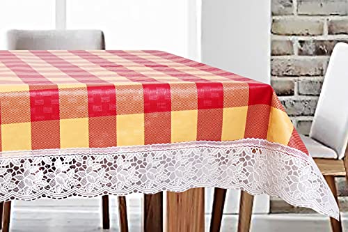 Image of The Furnishing Tree Waterproof PVC Rectangle Shaped 12 Seater Table Cover WxL 60x140 inches Plaid Pattern Maroon with White Border lace