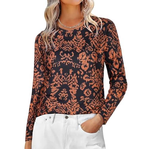 Long Sleeve Shirts for Women Basic Crew Neck Fall Tops Casual Fit T Shirts, Rust Damask Print, S