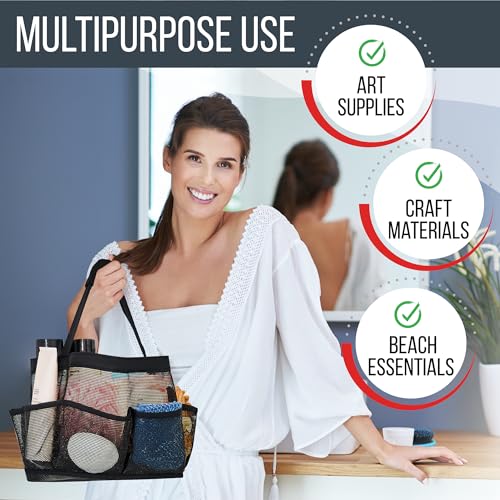 Masirs Shower Caddy Mesh - 9 Pocket Portable Bathroom Organizer Tote for Travel, Gym & Dorm - Collapsible Small Shower Caddy Bag to Hold Toiletries & Essentials (Black)4