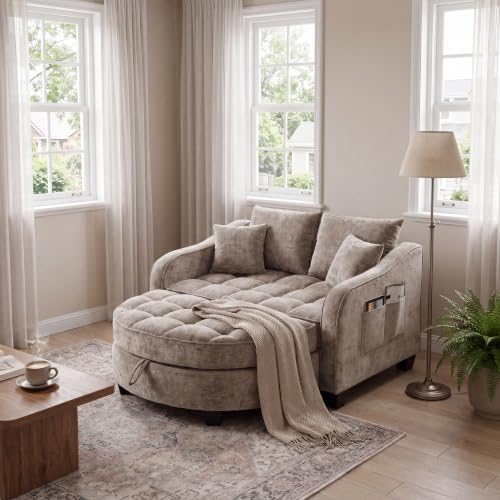 Image of ERYE Chenille Tufted Loveseat Sofa and Ottoman Set, Tufted Recliner Sleeper Chaise Lounge with Curved Storage Ottoman,Reclining Backrest and Side Pockets, 4 Pillows