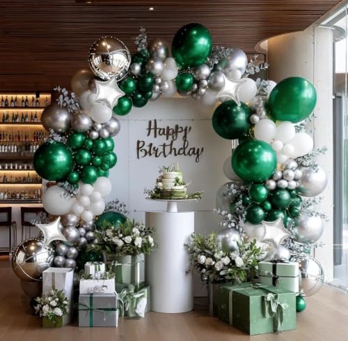 Image of Emerald Green Silver Balloon Arch Double Stuffed White Pearl Balloon Kit | Dark Forest Green White with Silver Star Foil Balloon Garland for Birthday Christmas Anniversary Opening New Year Party Decor