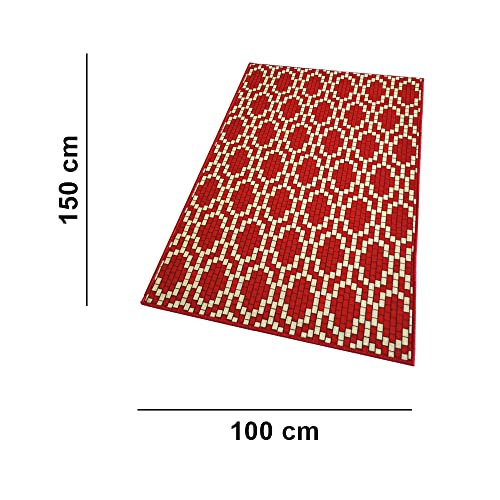 Image of Matz&More Pattern Brick Motif Rug | 100x150 CM | Red Beige | Soft Nylon Loop Pile with Anti-Slip Gel Backing | Living Room, Bedroom & Office Floor Carpet