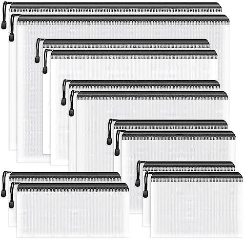 Umriox Lot de 12 porte-documents noirs A3 + A4 + A5 + A6 + B4 + B6 - Étanche - Fermeture éclair - En plastique - Pour documents, papier, école, cosmétique, voyage (6 tailles)
