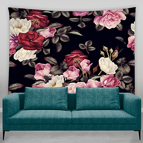 Edomgnih Black Floral Tapestry Watercolor Flower Vintage Floral Blossom Retro Rose Peony Rustic Leaves Woman Home Decor Wall Hanging Art For Living Room Bedroom Dorm(90X71 Inch) #TOP1