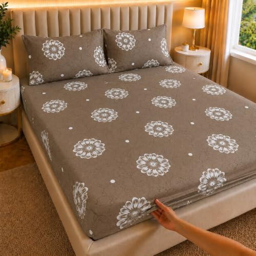 Image of Castiqa Elastic Fitted Supersoft Premium Polycotton 200TC King Size Bedsheets with 2 Pillow Covers | No Slip Bedsheet | (Brown Sn Floral, King (72x78 Upto 10 inch Mattress))