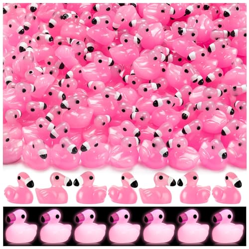 LHSYFBZ 100 Pcs Mini Resin Flamingo Ducks, Luminous Flamingo Tiny Ducks, Glow in The Dark Miniature Flamingo for Cake Topper Garden Dollhouse Landscape Aquarium Ornaments DIY Crafts