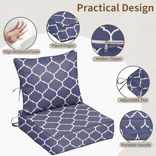 Image of 22x24 Outdoor Chair Cushions Set of 2, Waterproof Deep Seat Cushions for Patio Furniture with Removable Cover, Fade Resistant 4'' Outdoor Seat Cushion w / Ties Handle for Wicker Sofa Couch,Navy Print