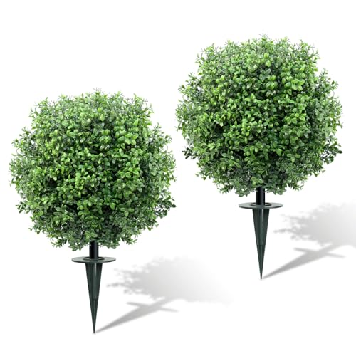 GOVIRAYE 24-Zoll (60 cm) 2er-Set künstliche Buchsbaumkugeln – Frost- & UV-beständige, immergrüne Gartenkugeln für draußen. Mit Erdspießen für Terrasse, Balkon, Garten, Vorgarten und Innenbereich.