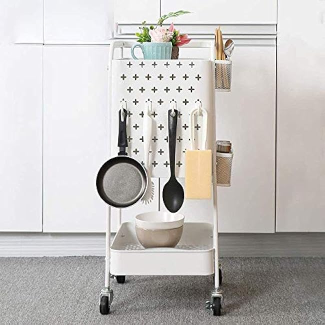 3-Tier Metal Rolling Utility Cart with Handles and Peg Board Hooks Baskets Locking Wheels, Storage Trolley Storage Shelves Service Cart for Kitchen-L3LNeznd