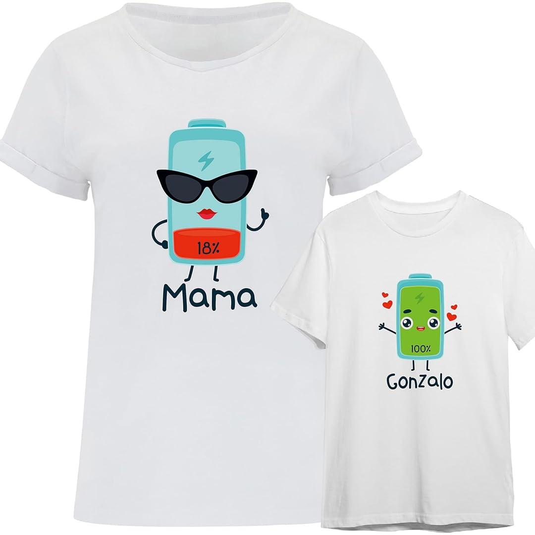 Evyre | Camisetas Personalizadas Regalo Día de la Madre | 100% Algodón | Camiseta Personalizada Mujer + Body Bebe o Camiseta Niña/Niño | Diseño Batería, Energía | Regalos para Mamá e Hijos Originales