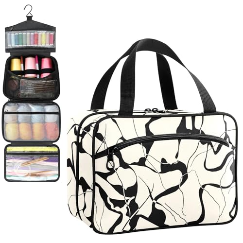 YNNALE Sewing Supply Organizer Bag, Beige Black Abstract Pattern Modern Minimalist Portable Sewing Bags with Pockets&Hanger, Sewing Storage Box Case for Sew Supplies/Kit/Tools/Accessories (BAG ONLY)