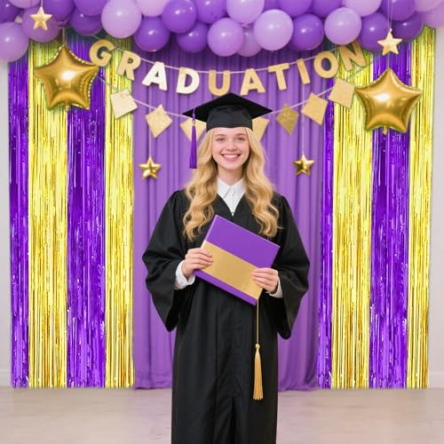 Image of TONIFUL 2Pcs Purple and Gold Fringe Backdrop Curtain 2026 Graduation Parties Metallic Tinsel Foil Fringe Photo Booth Backdrop Door Streamers for Birthday Bachelorette New Year Party Decorations