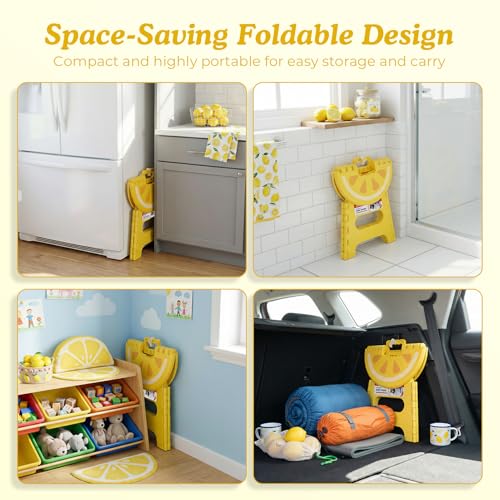 Image of Folding Step Stool 9 Inch, Sturdy Collapsible Step Stool Foldable Up to 265 lb for Kids Toddlers & Adults, Non Slip Foot Stools with Handle for Kitchen, Bathroom, Bedroom, Outdoor, Lemon Yellow