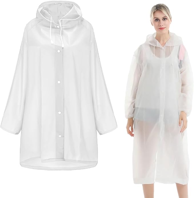 Poncho Antipioggia EVA Trasparente 3 Pezzi, Impermeabile Con Cappuccio E Maniche, Taglia Unica 150-195 Cm, Pieghevole