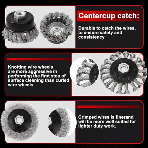 Image of Tioncy 12 Pack Wire Wheel for Angle Grinder, for 4-1 /2 inch Angle Grinder with 5 /8 inch-11 Arbor, Heavy Duty Carbon Brushes for Rust Removal Heavy Cleaning Polishing(Black,Wire Wheel Cup Brush Set)