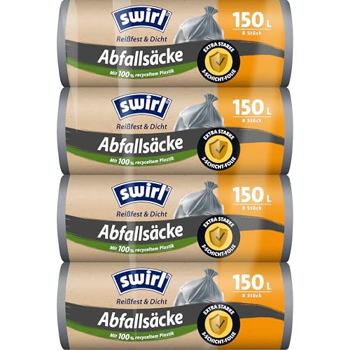 Swirl Abfall-Sack 150L (4x 8 Beutel), Müllsäcke ohne Verschluss, besonders belastbar und reißfest für Abfälle aus Haus und Garten
