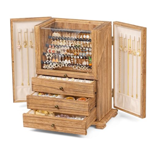 Srillollar Jewelry Box Organizer, Rustic Wooden Jewelry Boxes for Women Girls, Large Storage Earring Holder Organizer Display for Earrings Necklaces Rings Bracelets, Jewelry Case as Gifts for Her