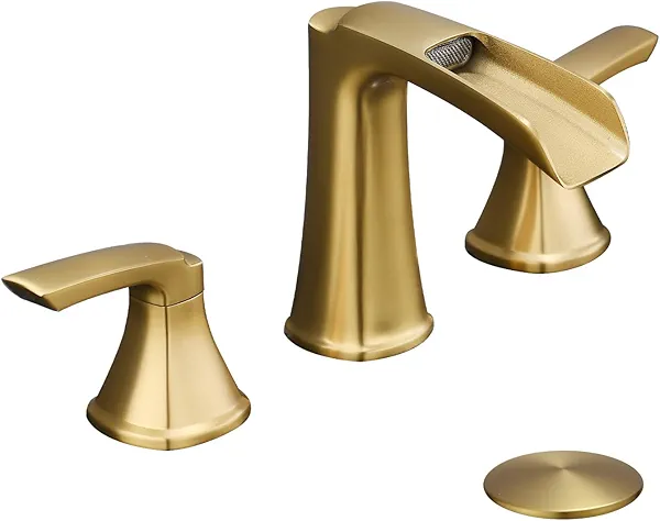 Fapully Brushed Gold Bathroom Faucet 3 Hole, Waterfall 8 Inch Widespread Bathroom Sink Faucet with Pop-up Drain, Two-Handle Faucet for Bathroom Sink
