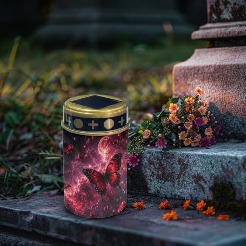 Image of Poceacles Outdoor Solar Lights Solar Grave Candle Outdoor Waterproof Cemetery LED Candles for Cemetery Lawn Porch Outside Decoration, Butterfly Rose Galaxy Moon Red, Pack of 2
