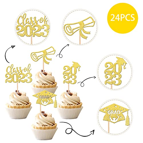 SYKYCTCY 24 Pack 2026 Graduation Cupcake Toppers Glitter Diploma Congrats Grad Cap Cupcake Picks Class of 2026 Cake Decorations for 2026 Graduation Theme Party Supplies Gold - Image 4